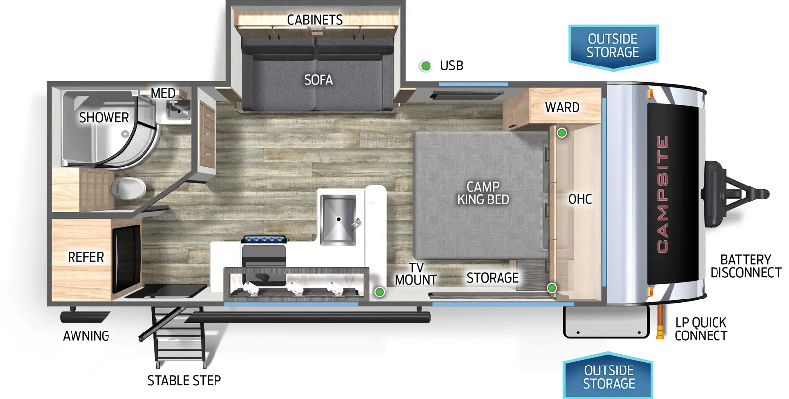 The Campsite Ultra 19KB floorplan has one entry and one slide out. Exterior features include: fiberglass exterior. Interiors features include: front bedroom.